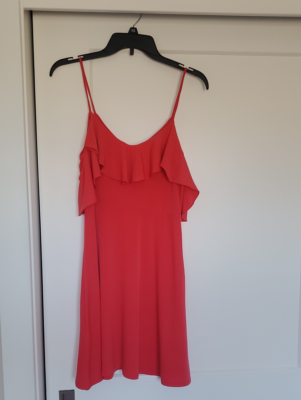 Express Coral Red Ruffle-Front Spaghetti Strap Mini Dress